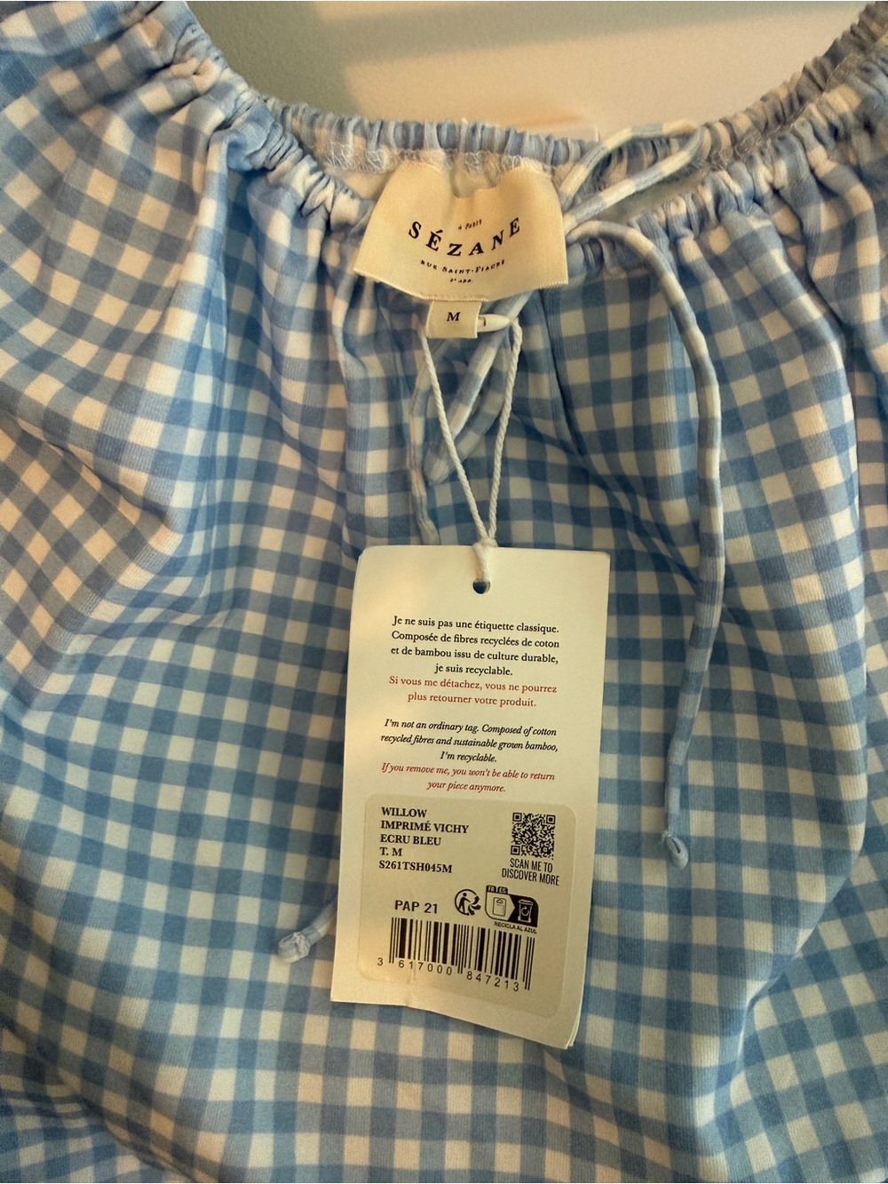 Sezane Light Blue Gingham Ruffle-Sleeve Tie-Neck Top - Picture 3 of 3